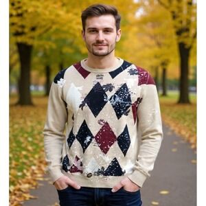 RETRO Argyle Patchwork Sweater 2XL‎ Oversized Embroidered Jumper Indigo Red NWOT